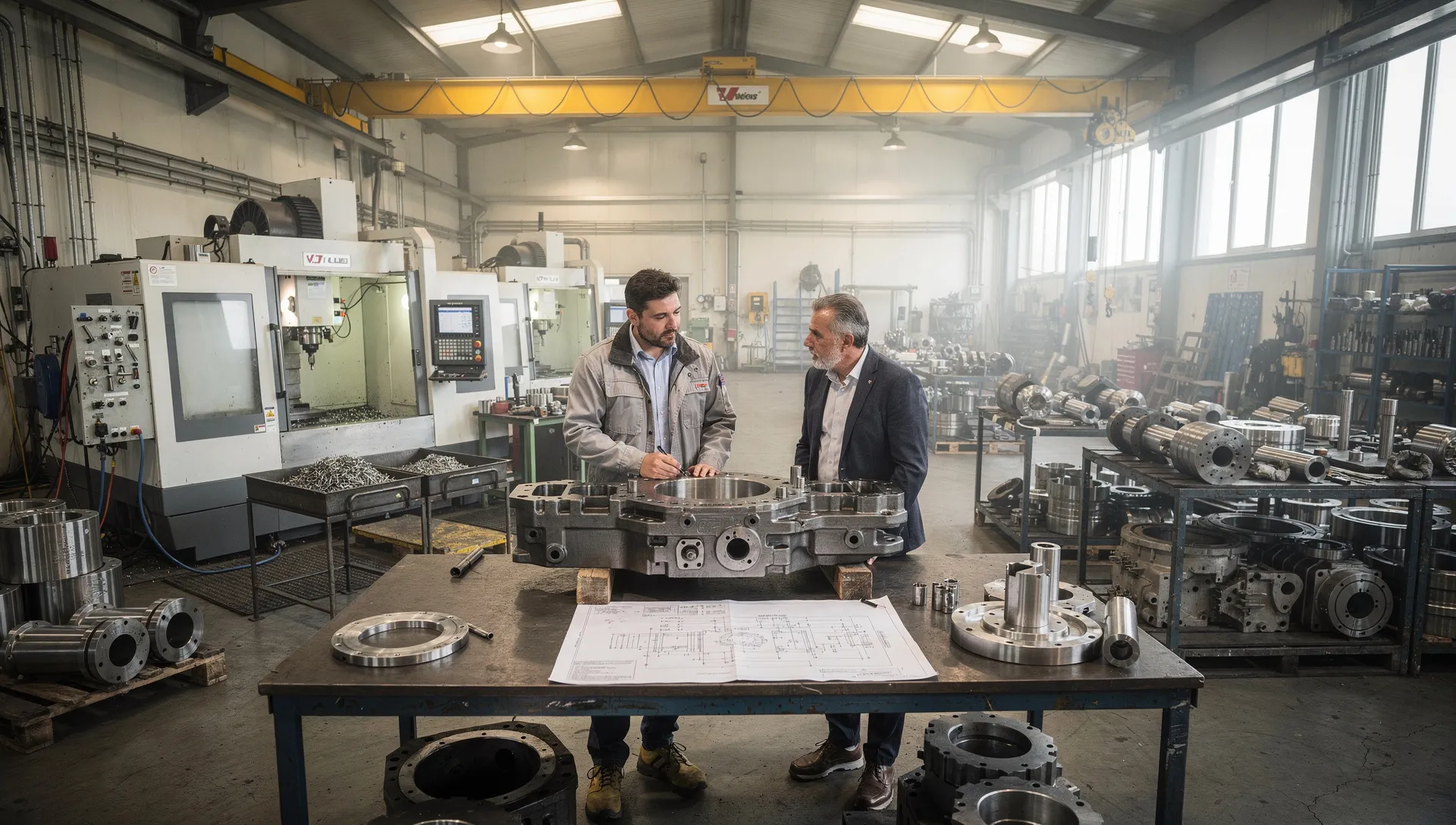 Responsabile produzione in officina metalmeccanica davanti a un grande pezzo lavorato e disegni tecnici